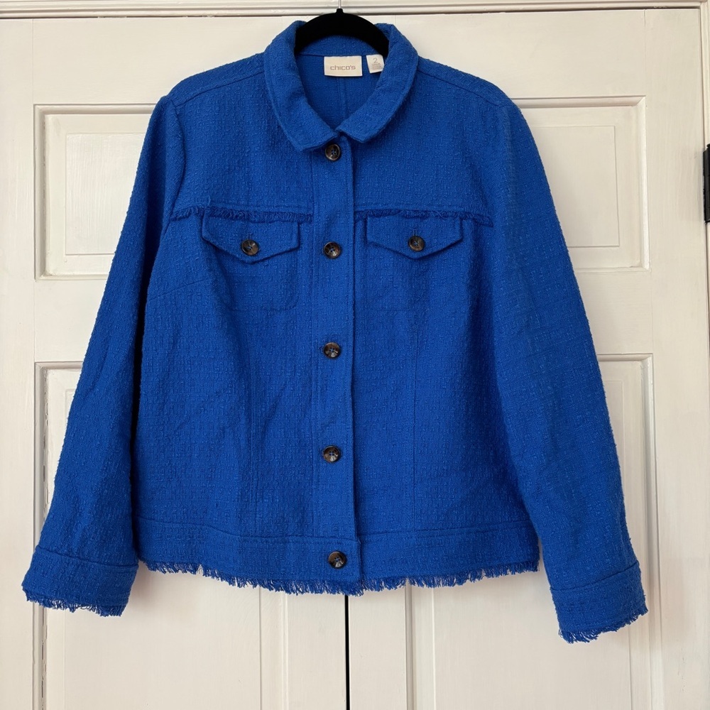 Chico’s Size‎ 2 Royal Blue Tweed Button Up Textured Fringe Jacket Chicos Large